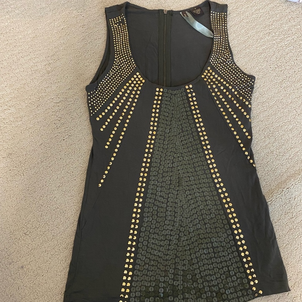 Olive green with gold stud and sequin top Size S
